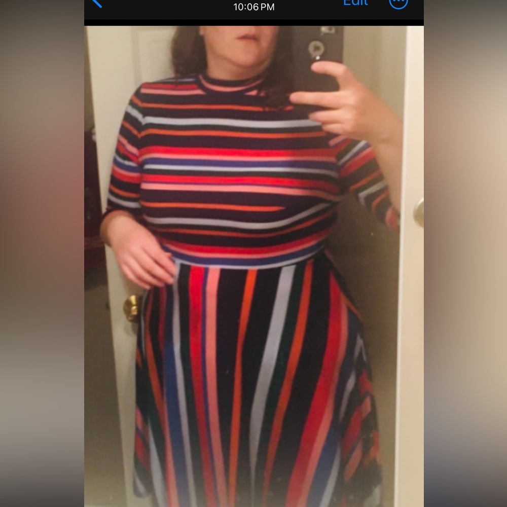 ELOQUII NWT a-line midi stripped dress w/ open neck & tie back Red/Orange/Blues